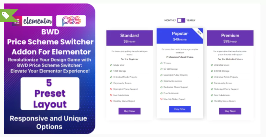 BWD Pricing Scheme Switcher Addon For Elementor