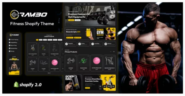 Rambo is a modern fitness Shopify theme for gyms, fitness center, trainers, fitness coaches, fitness equipment, boxing, crossfit, karate, nutritionist, personal trainers, workout, yoga, coaches, body builders, health and fitness, personal trainer, sports, athletes, gym fitness theme, aerobic, dancing, nutrition website, supplements, ecommerce, wellness, health lifestyle, special training programs, cardio, health shop, health tourism, events, classes, dieting, zumba, sports clothing, sportswear, and other best health websites.. Easy to use: Drag and Drop interface to create your unique Homepage. The specially designed Shop Page of This is ideal for showcasing your products in the most attractive way. Not just Homepage or Shop Page, you can use other inbuilt layouts for inner pages such as About, Contact, Services, Blog Page, FAQ Page in an equally attractive way. This makes it all easy. Thoroughly optimized: Your precious products deserve a premium quality website. Our beautiful theme can create it for you. And it can easily put your e-commerce store on the road to better search engine rankings and higher conversions.