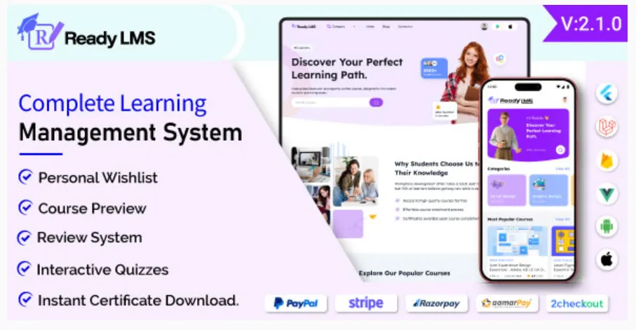 Ready LMS - Complete Learning Management System Websites, Mobile app with Admin panel