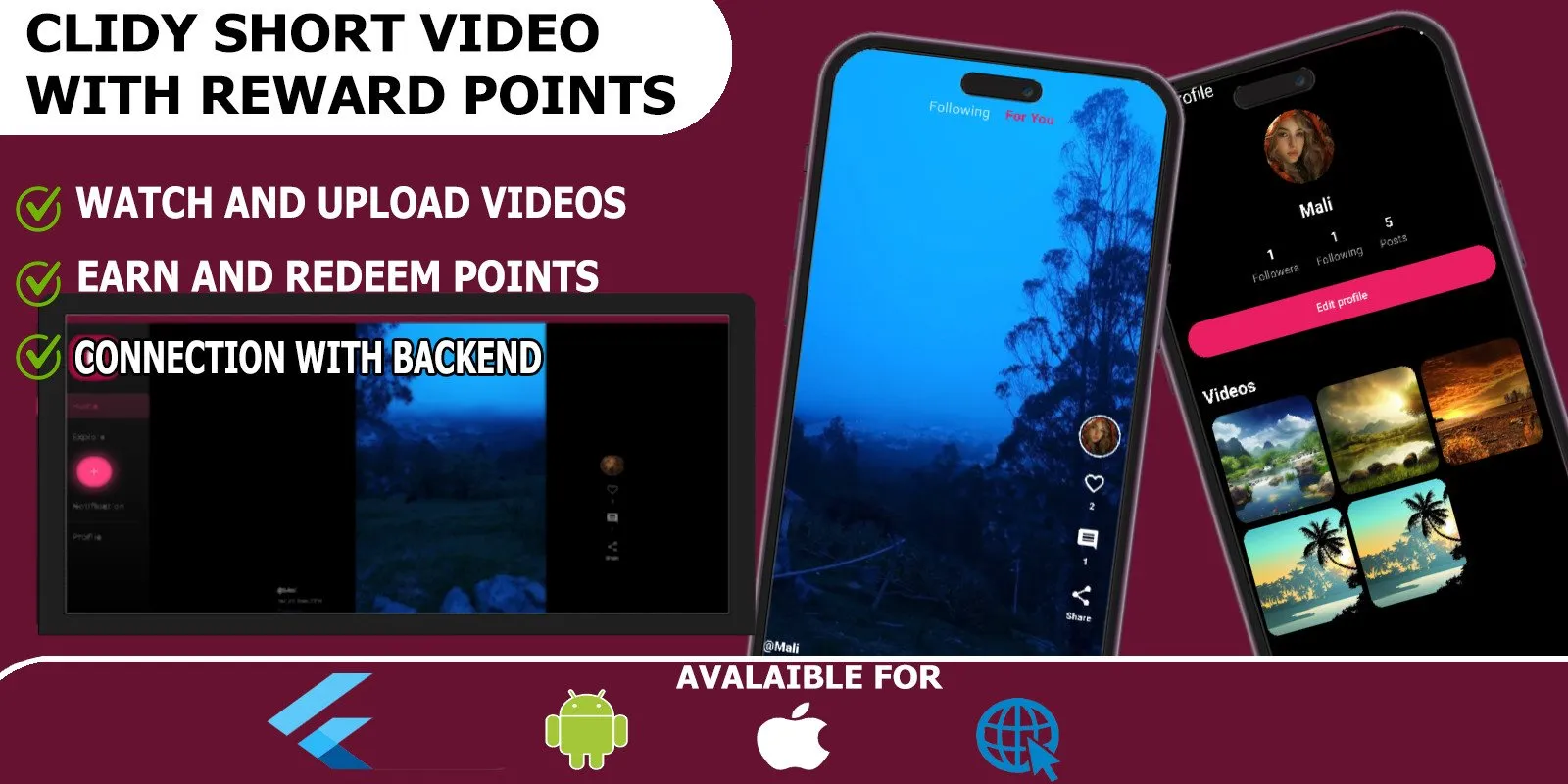 Clidy Short video with Reward Points Flutter